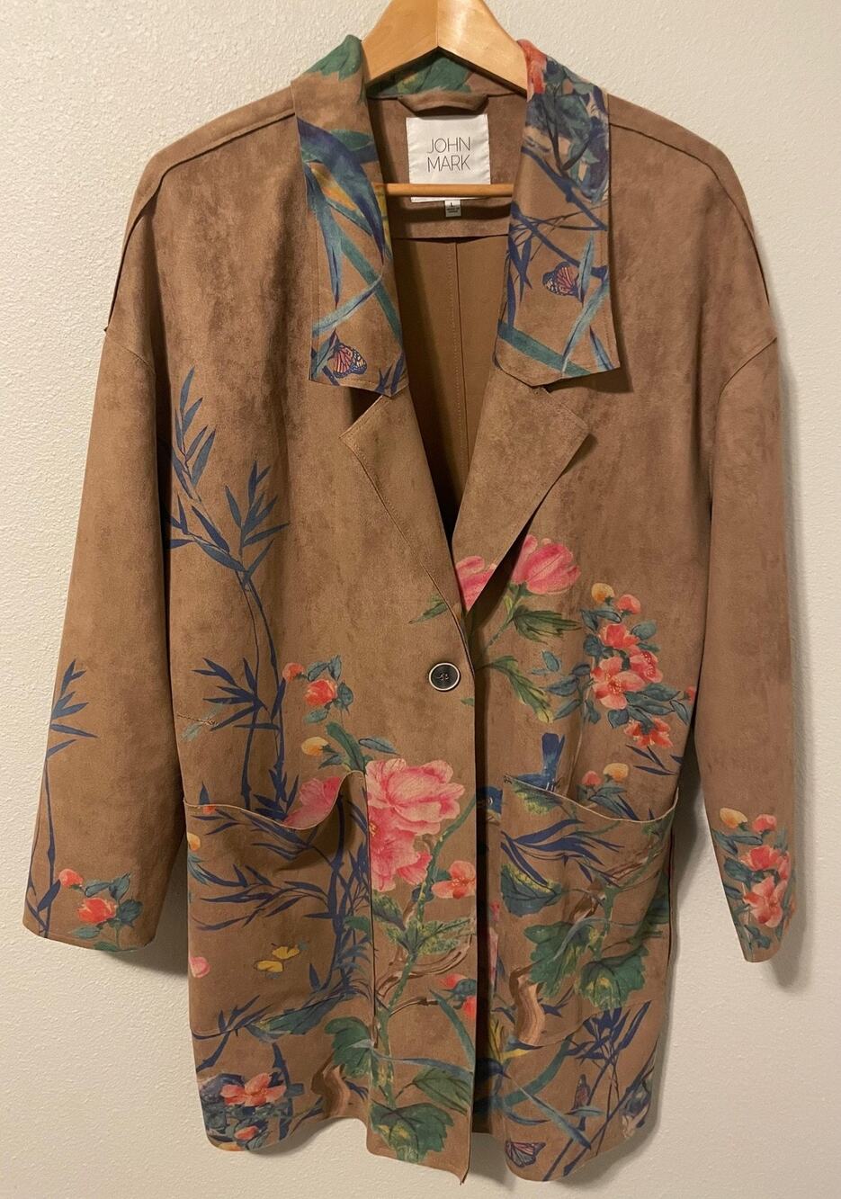 John Mark Coat Womens Large Brown Floral Bird Butterfly Faux Suede Artsy Boho